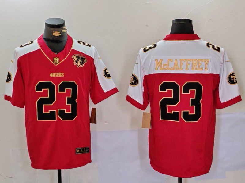 Men San Francisco 49ers 23 Mccaffrey Red Thanksgiving three generations 2024 Nike Vapor Limited NFL Jersey
